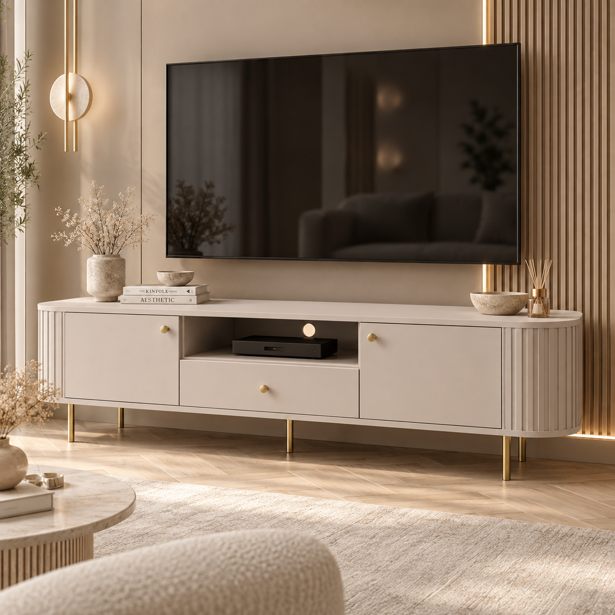 Szafka RTV OVALIO 180cm Beż Piaskowy – Ryflowana z Szufladą