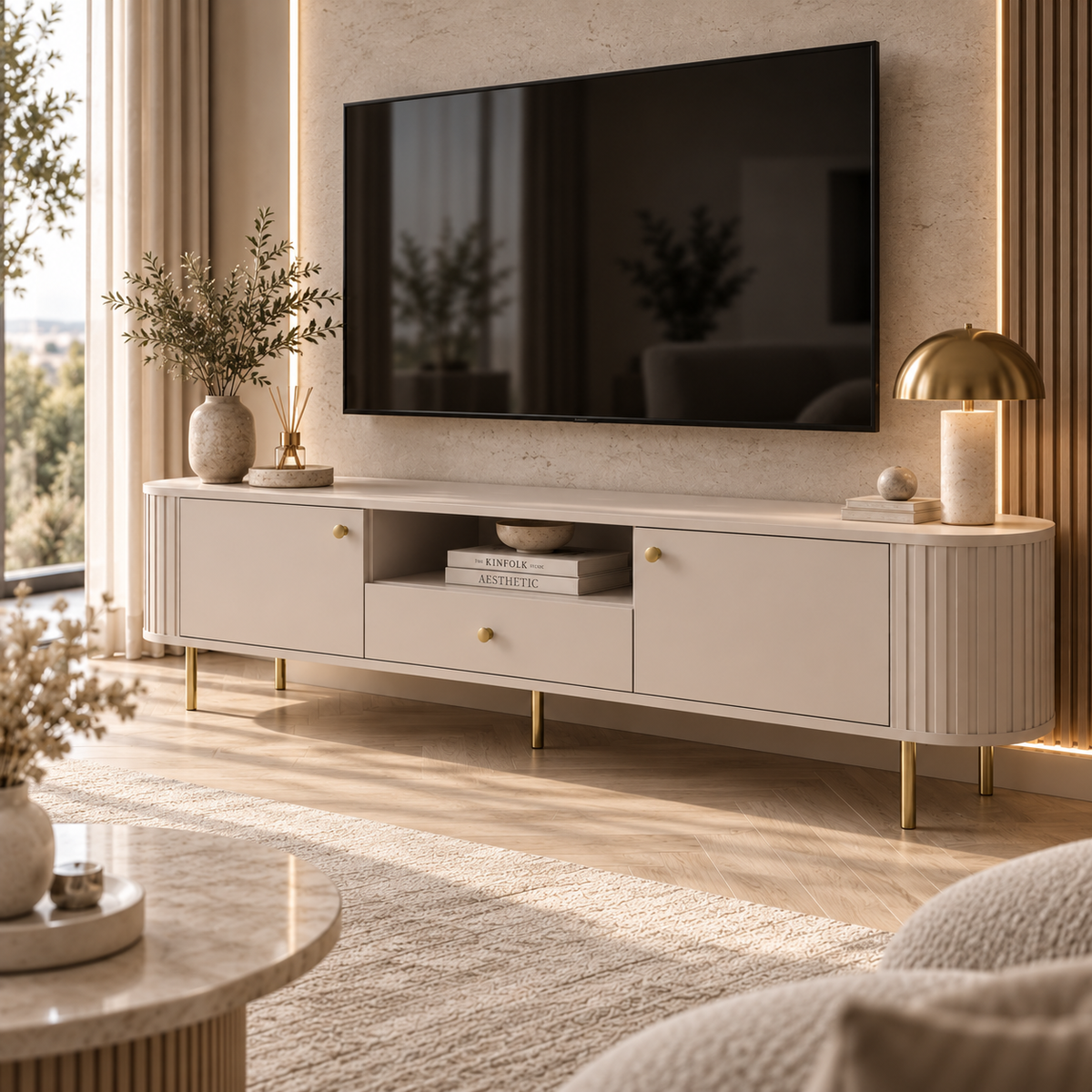Szafka RTV OVALIO 180cm Beż Piaskowy – Ryflowana z Szufladą