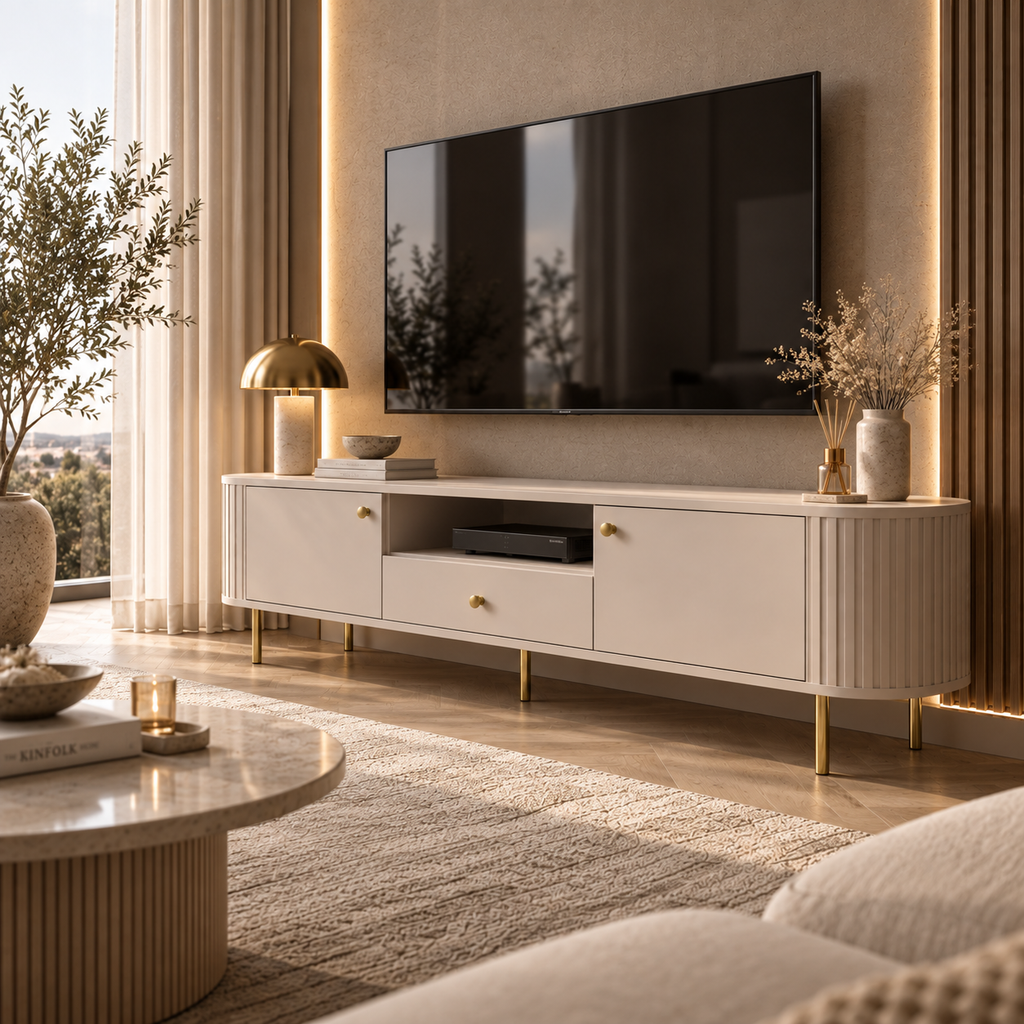 Szafka RTV OVALIO 180cm Beż Piaskowy – Ryflowana z Szufladą