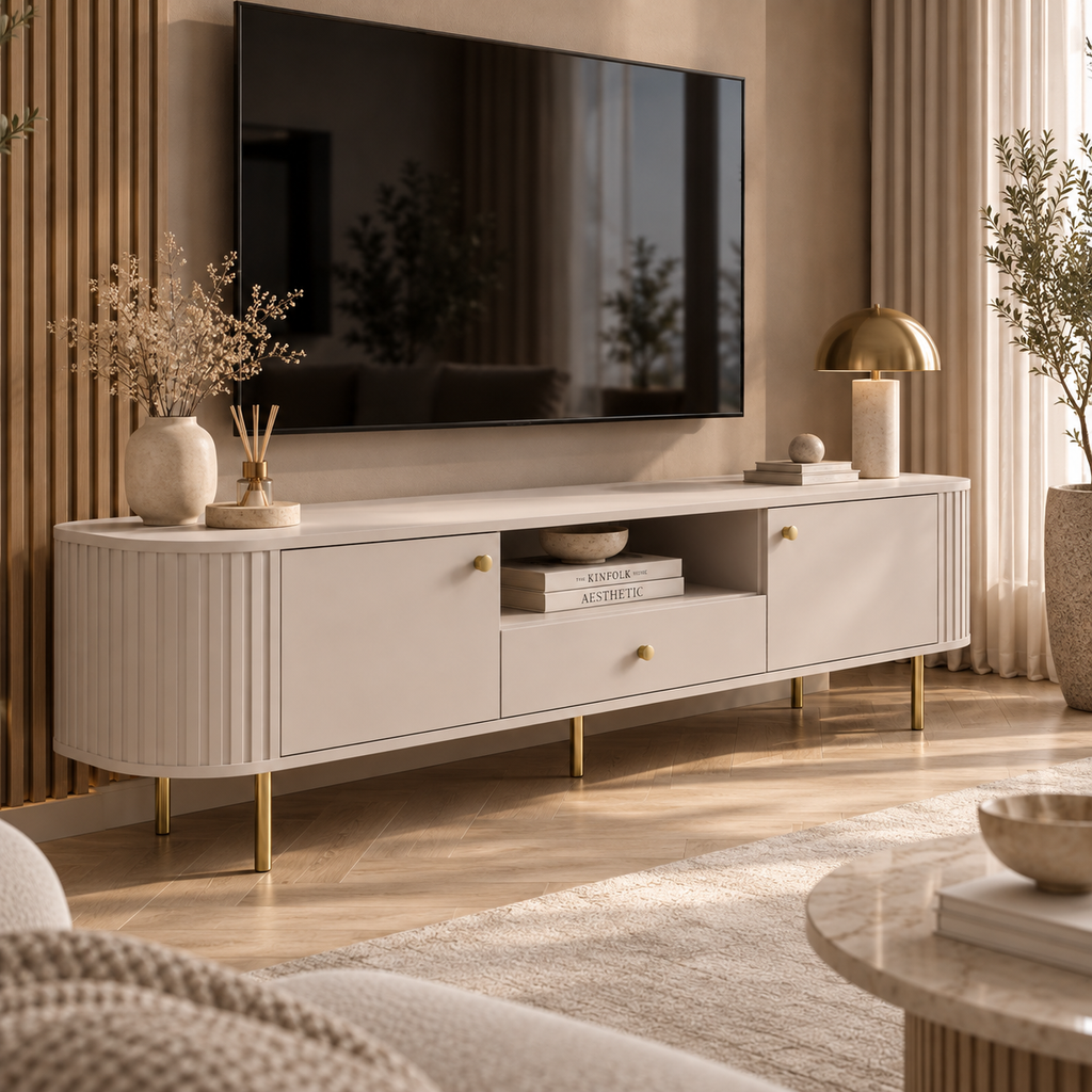 Szafka RTV OVALIO 180cm Beż Piaskowy – Ryflowana z Szufladą