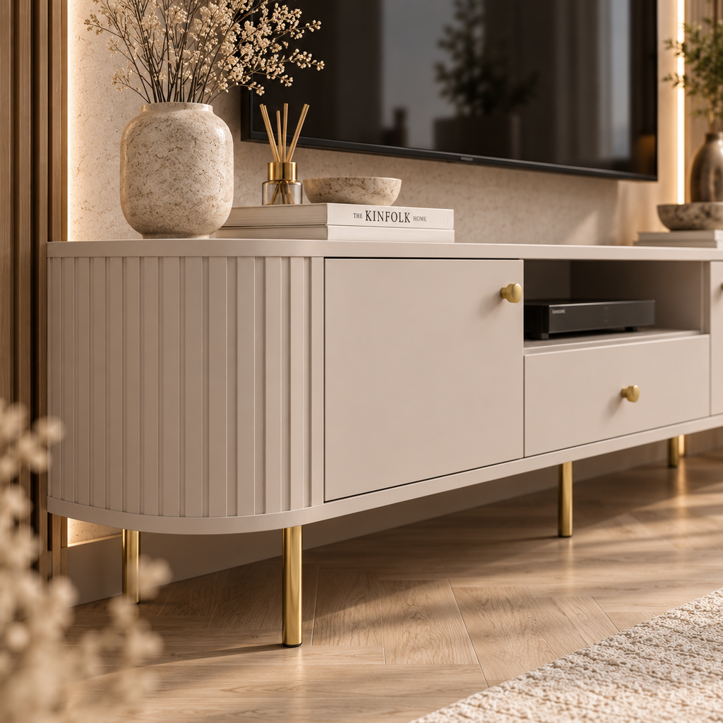 Szafka RTV OVALIO 180cm Beż Piaskowy – Ryflowana z Szufladą