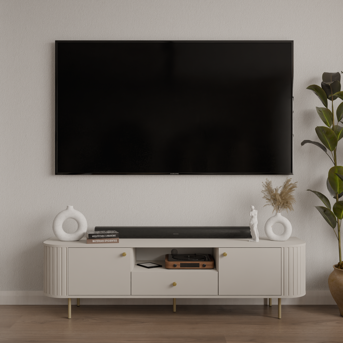 Szafka RTV OVALIO 180cm Beż Piaskowy – Ryflowana z Szufladą