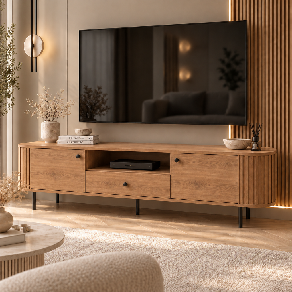 Szafka RTV OVALIO 180cm Dąb Cremona – Ryflowana z Szufladą