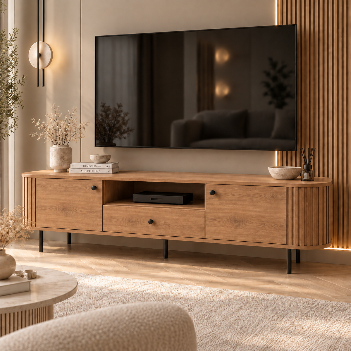 Szafka RTV OVALIO 180cm Dąb Cremona – Ryflowana z Szufladą
