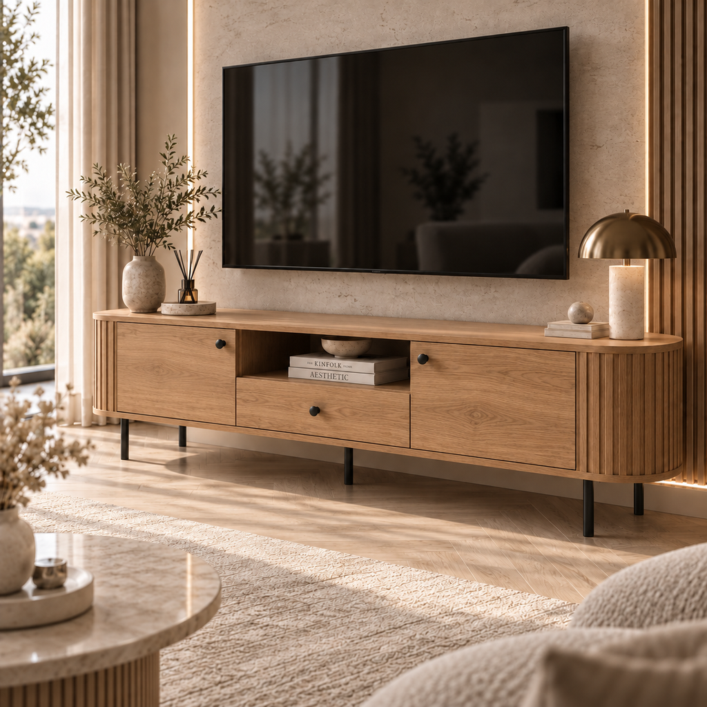 Szafka RTV OVALIO 180cm Dąb Cremona – Ryflowana z Szufladą