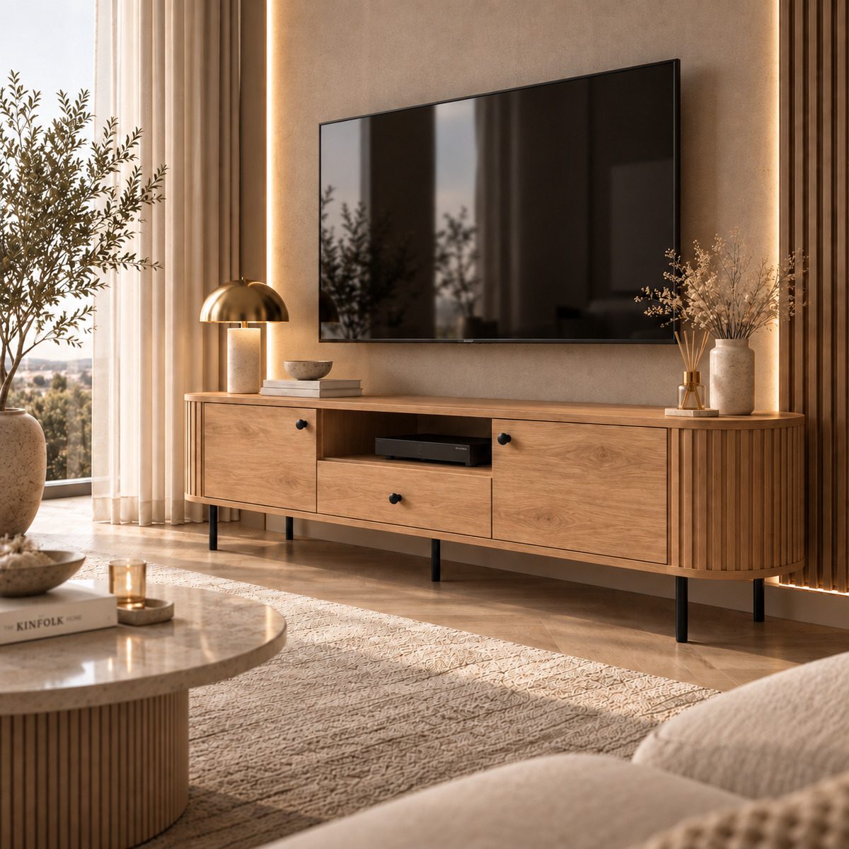 Szafka RTV OVALIO 180cm Dąb Cremona – Ryflowana z Szufladą