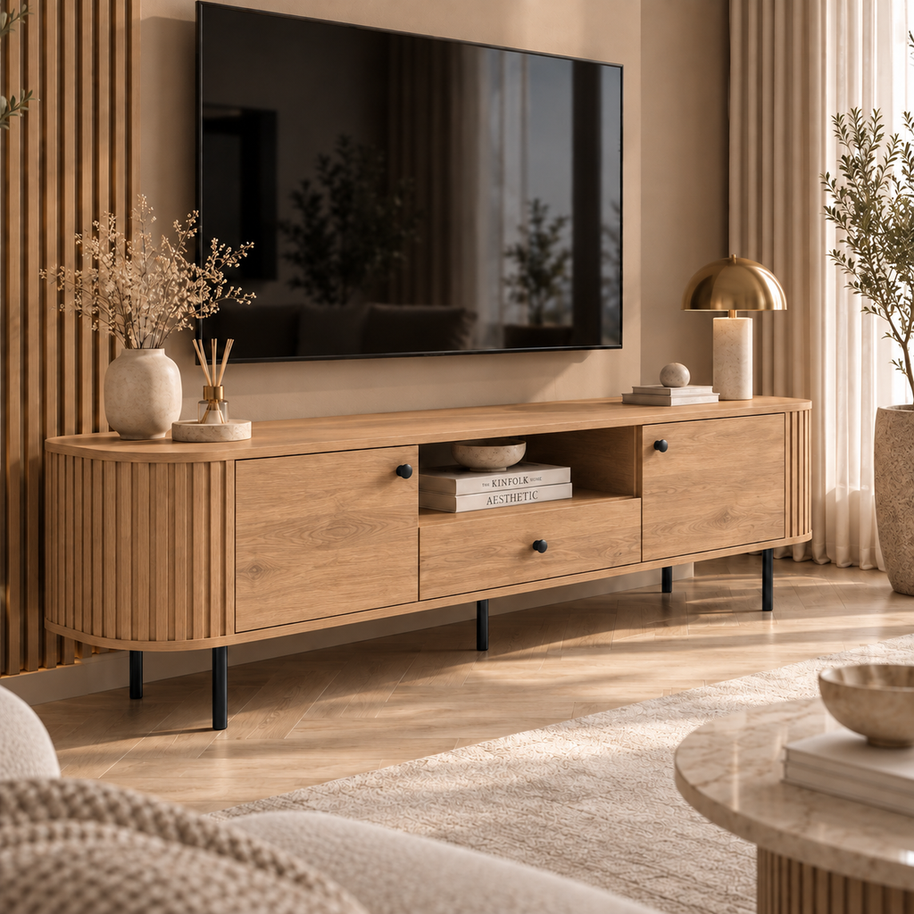 Szafka RTV OVALIO 180cm Dąb Cremona – Ryflowana z Szufladą