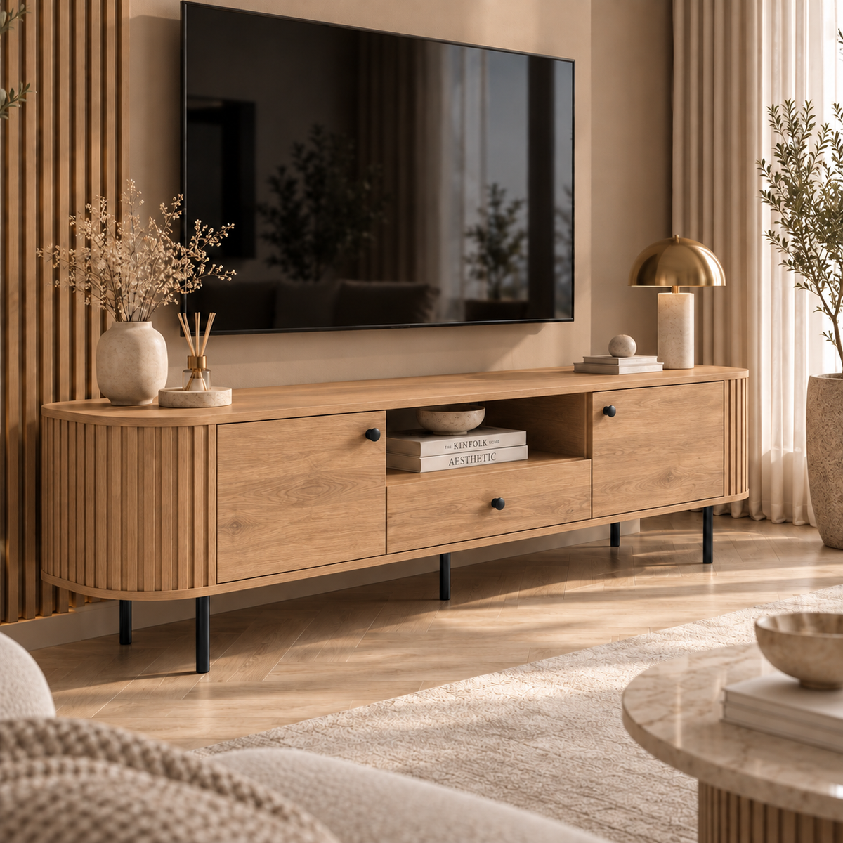Szafka RTV OVALIO 180cm Dąb Cremona – Ryflowana z Szufladą