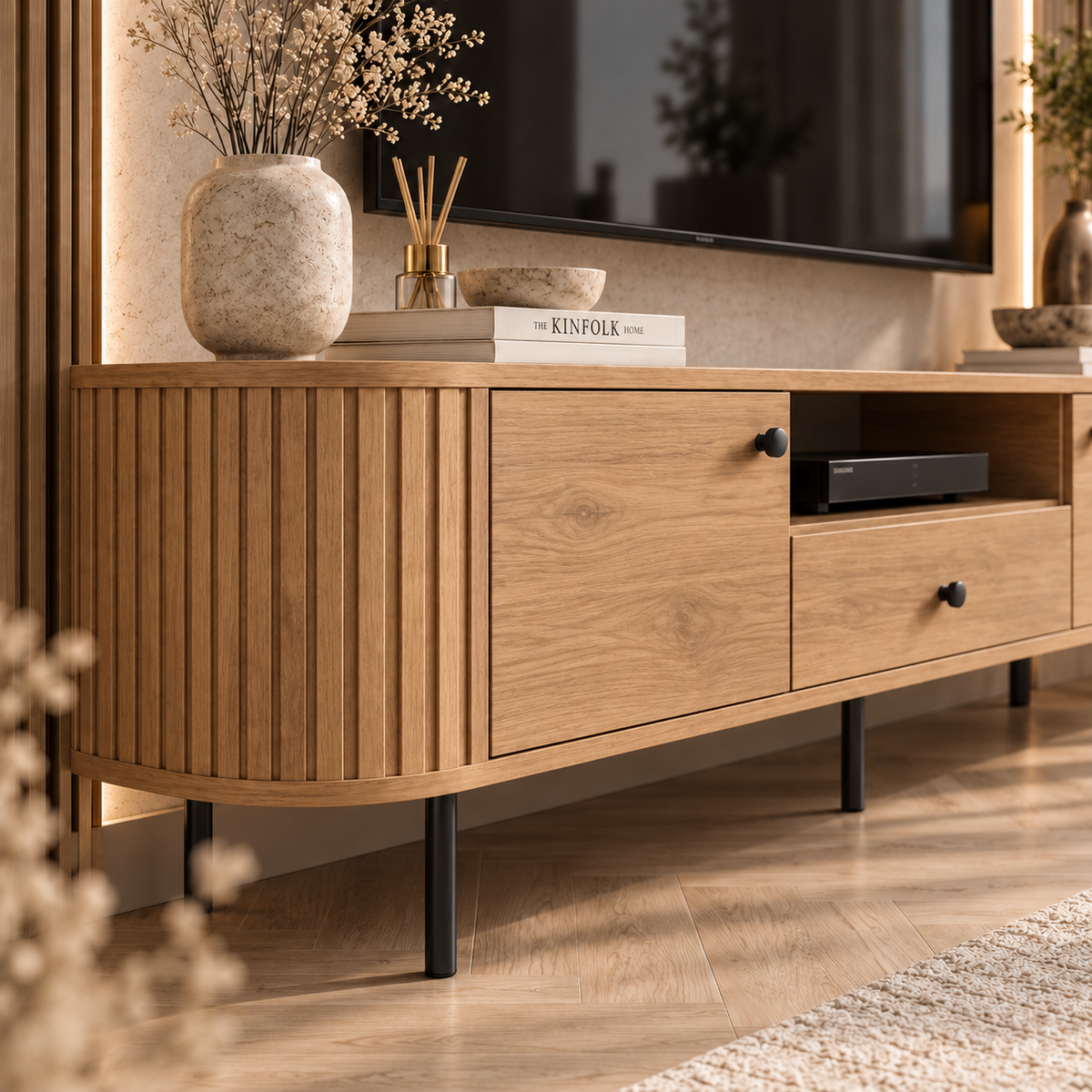 Szafka RTV OVALIO 180cm Dąb Cremona – Ryflowana z Szufladą