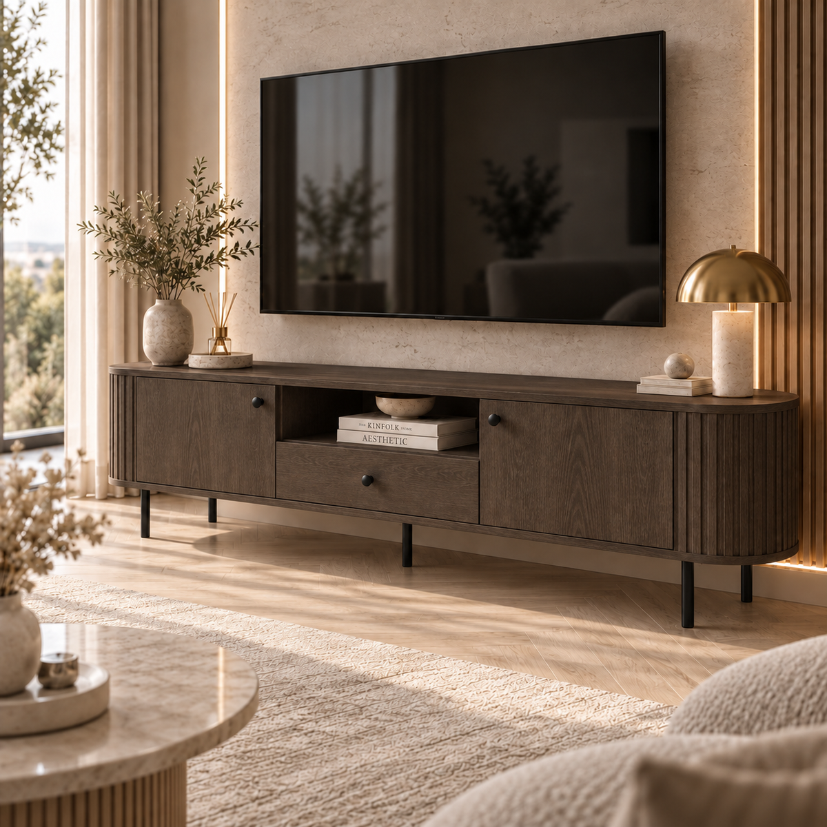 Szafka RTV OVALIO 180cm Dąb Dunin – Ryflowana z Szufladą