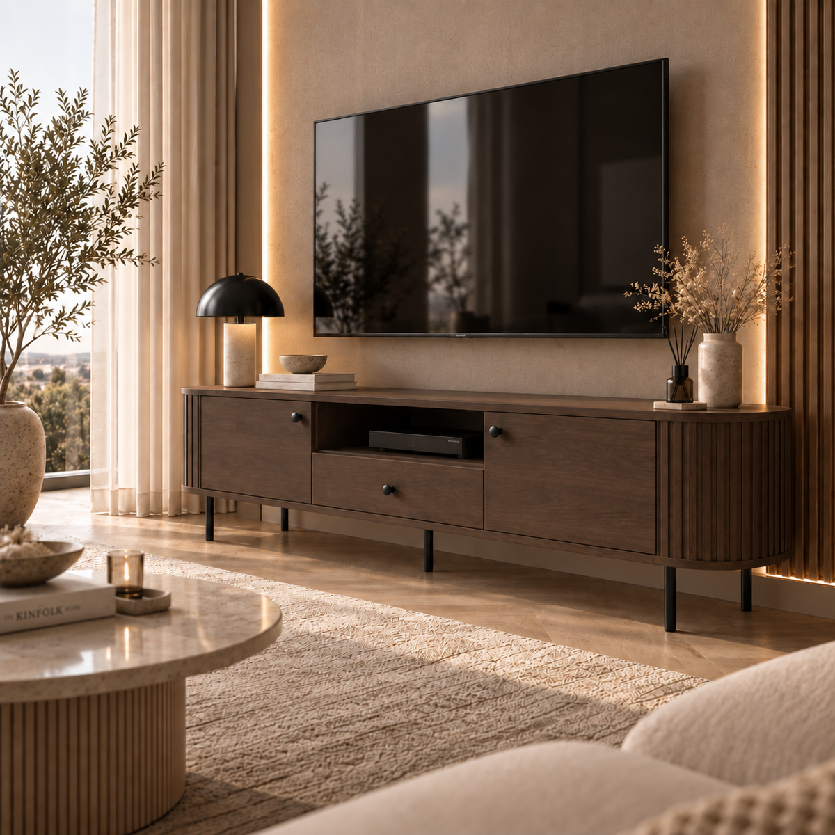 Szafka RTV OVALIO 180cm Dąb Dunin – Ryflowana z Szufladą
