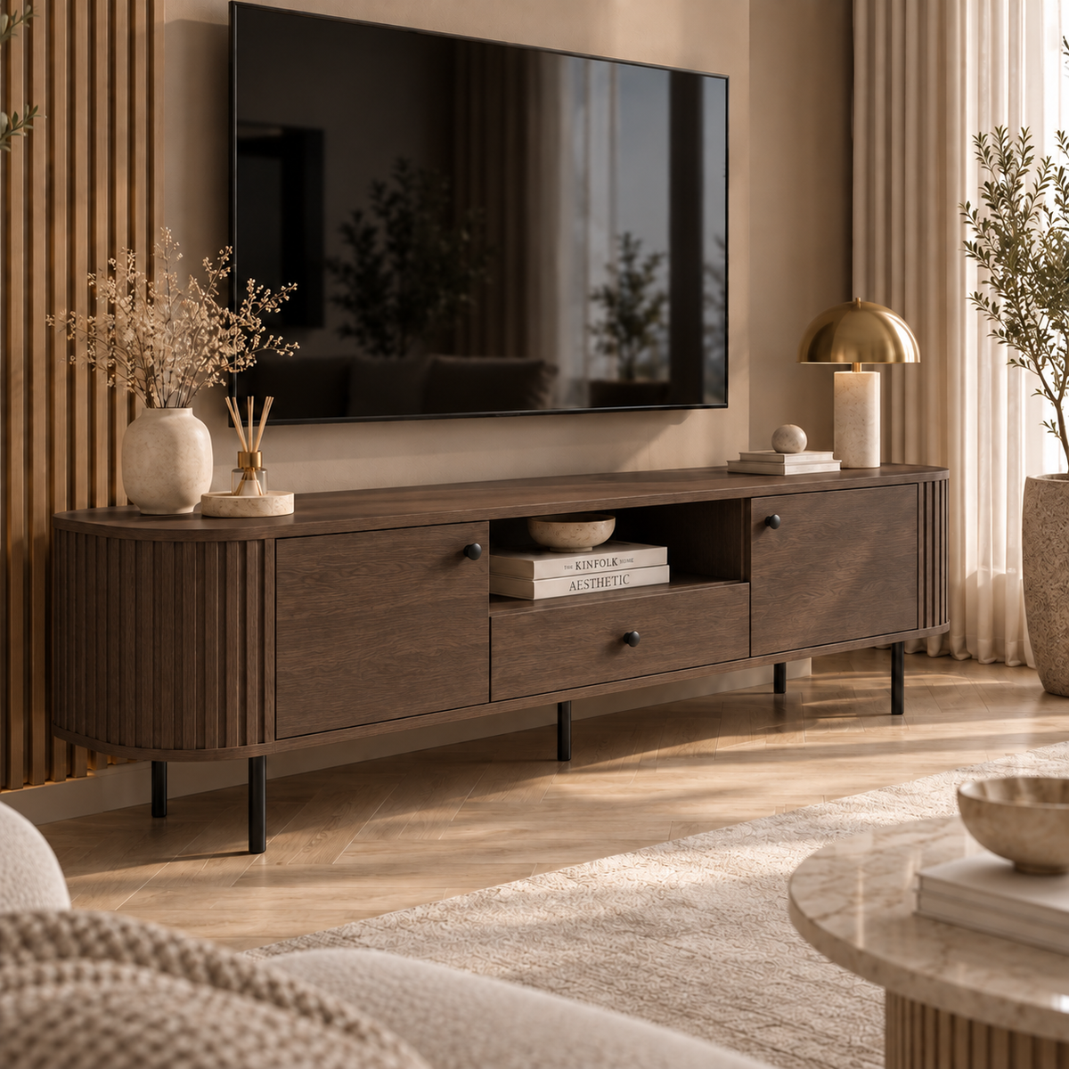Szafka RTV OVALIO 180cm Dąb Dunin – Ryflowana z Szufladą