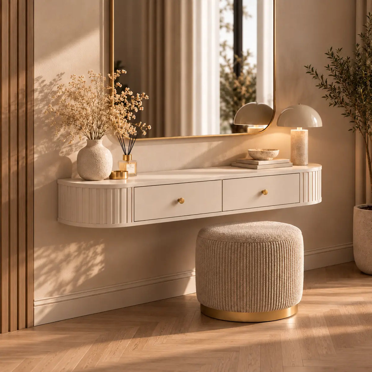 Toaletka Wisząca OVALIO 123cm Beż Piaskowy – Ryflowana z Szufladami Milo Furniture