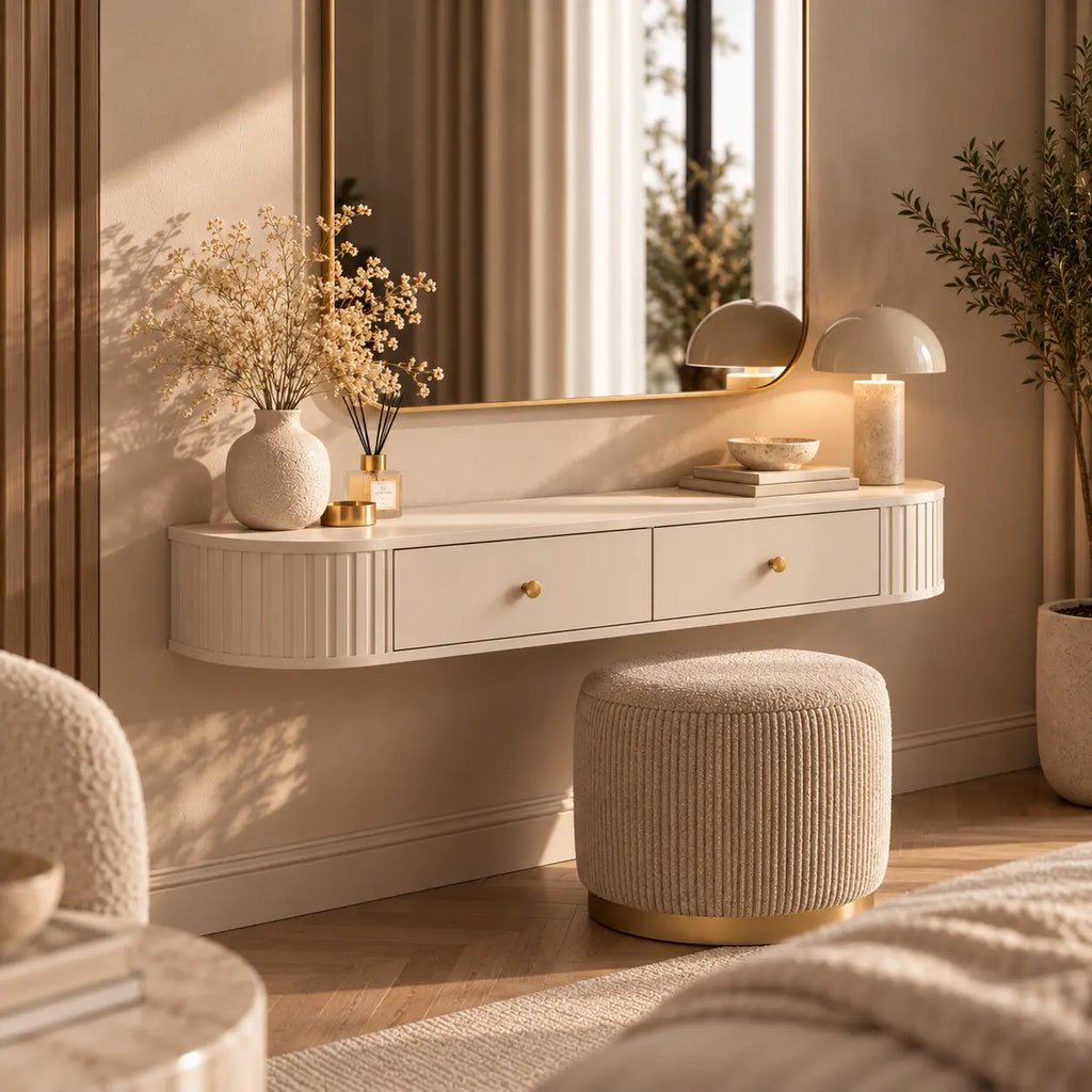 Toaletka Wisząca OVALIO 123cm Beż Piaskowy – Ryflowana z Szufladami Milo Furniture