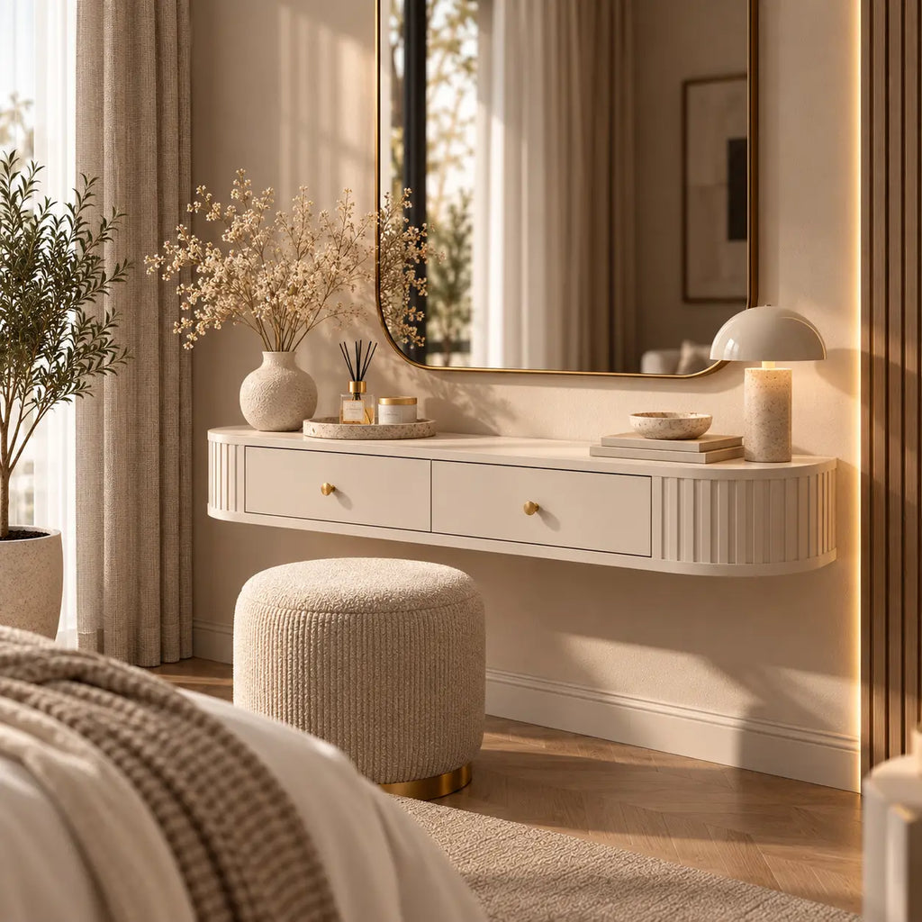 Toaletka Wisząca OVALIO 123cm Beż Piaskowy – Ryflowana z Szufladami Milo Furniture