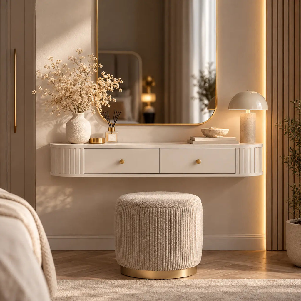 Toaletka Wisząca OVALIO 123cm Beż Piaskowy – Ryflowana z Szufladami Milo Furniture