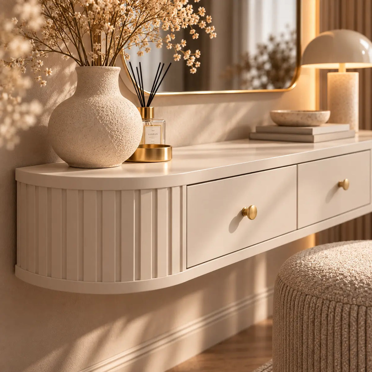 Toaletka Wisząca OVALIO 123cm Beż Piaskowy – Ryflowana z Szufladami Milo Furniture