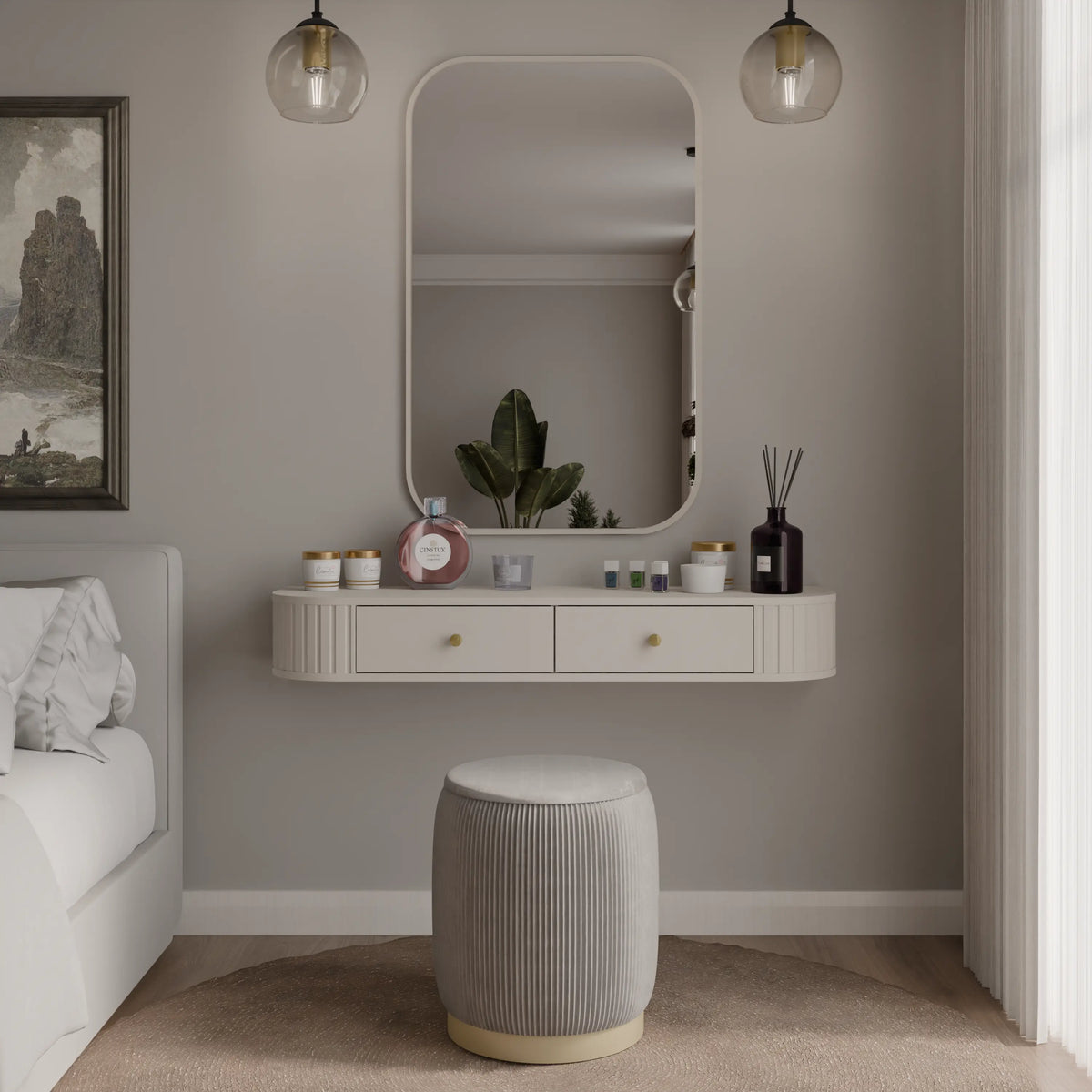 Toaletka Wisząca OVALIO 123cm Beż Piaskowy – Ryflowana z Szufladami Milo Furniture