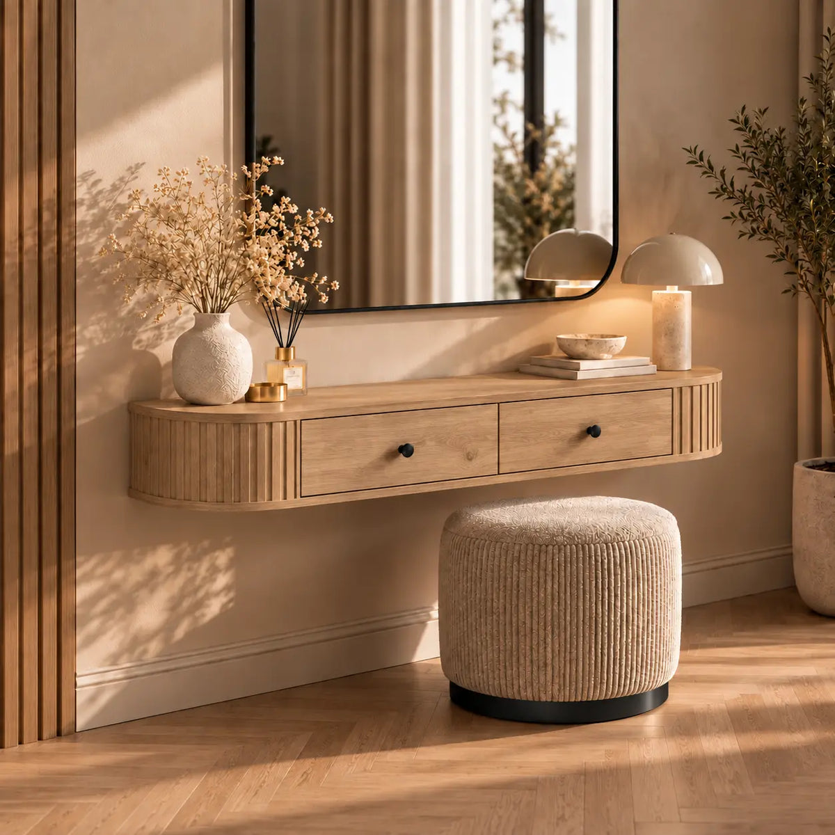 Toaletka Wisząca OVALIO 123cm Dąb Cremona – Ryflowana z Szufladami Milo Furniture
