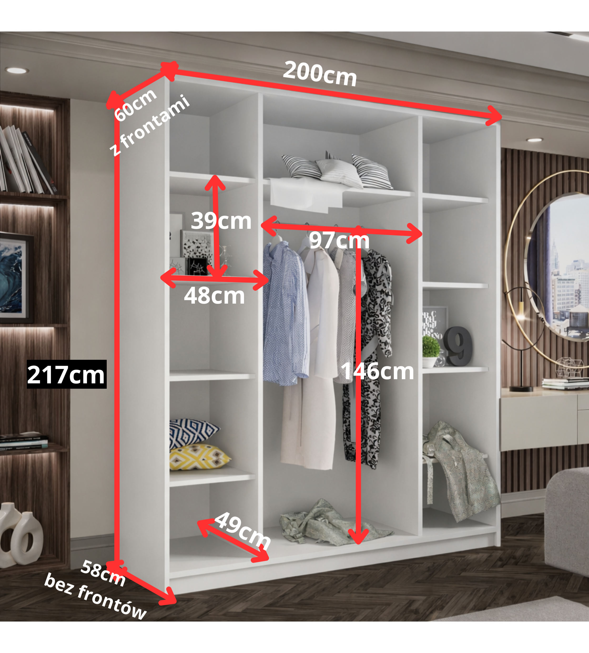 Szafa Biała z Lustrem Uchylna 200cm TIZA Uchwyty Złote