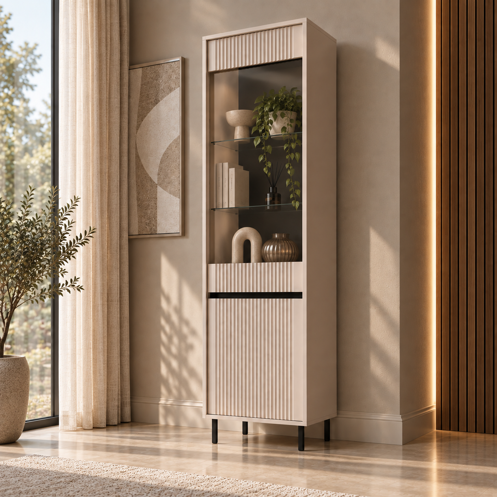 Witryna OSAKA 56cm Beż Piaskowy – Ryflowana z Przeszkleniem