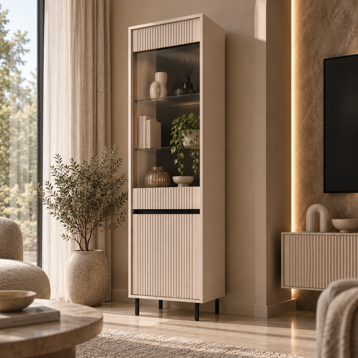 Witryna OSAKA 56cm Beż Piaskowy – Ryflowana z Przeszkleniem
