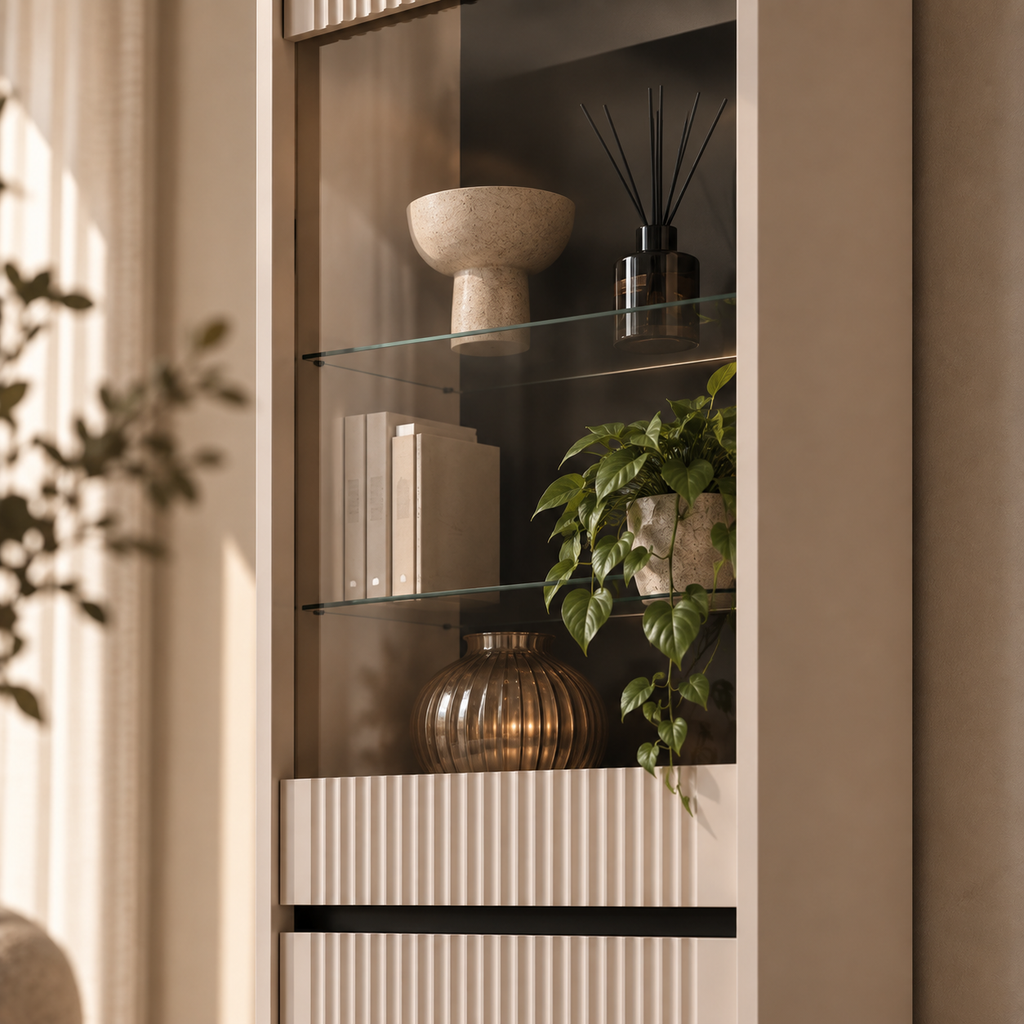 Witryna OSAKA 56cm Beż Piaskowy – Ryflowana z Przeszkleniem