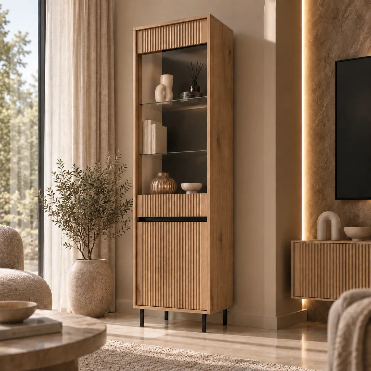Witryna OSAKA 56cm Dąb Evoke – Ryflowana z Przeszkleniem Milo Furniture