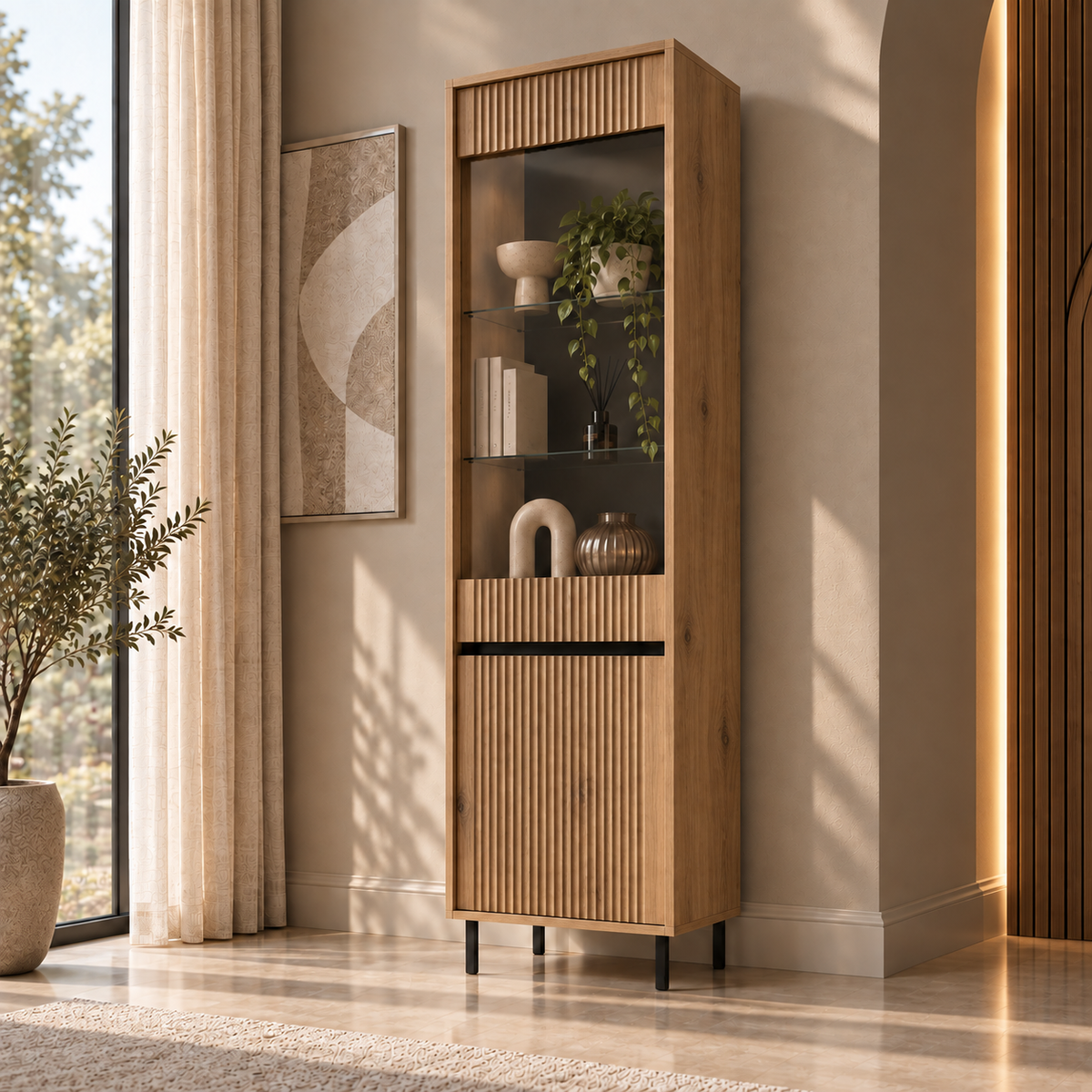 Witryna OSAKA 56cm Dąb Evoke – Ryflowana z Przeszkleniem