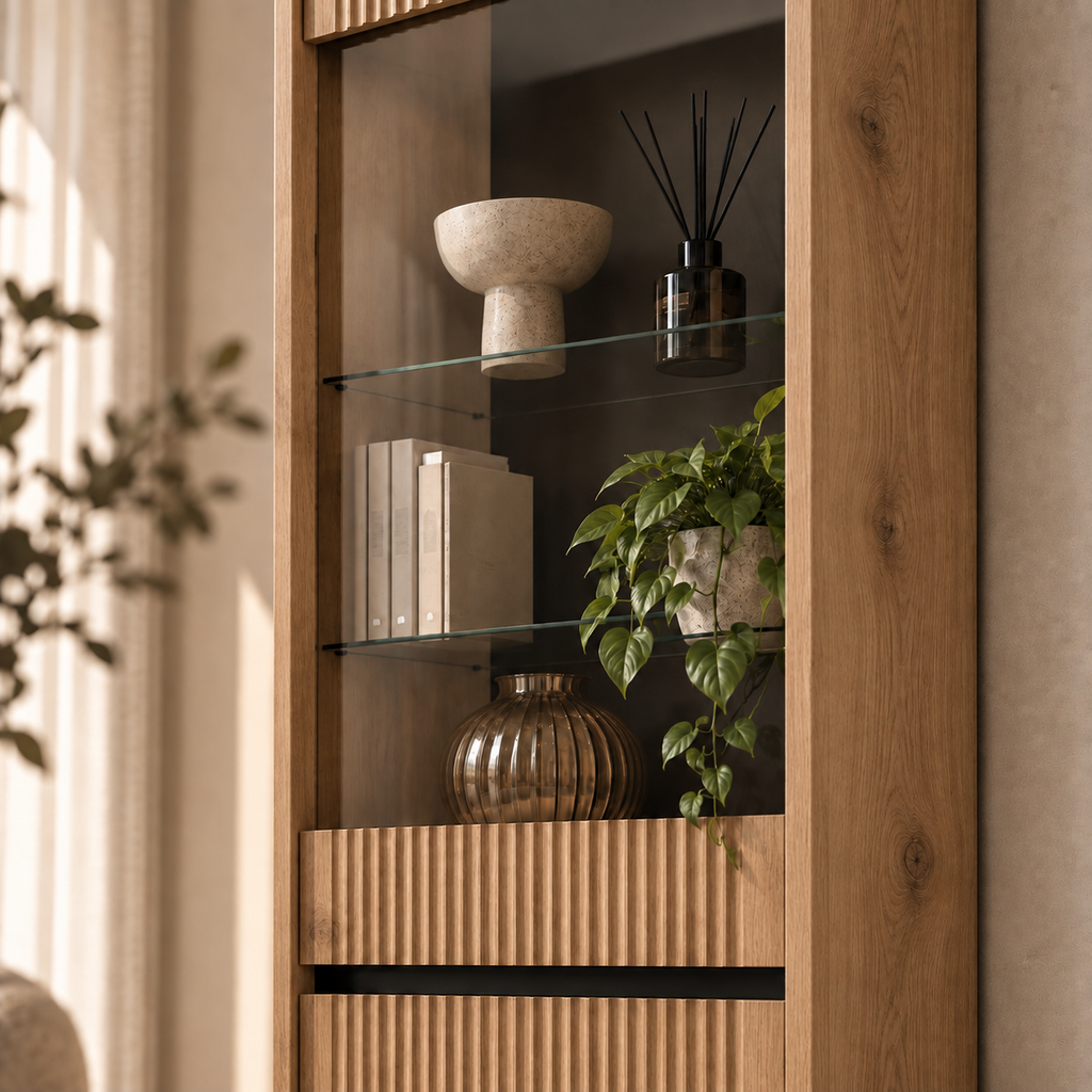 Witryna OSAKA 56cm Dąb Evoke – Ryflowana z Przeszkleniem