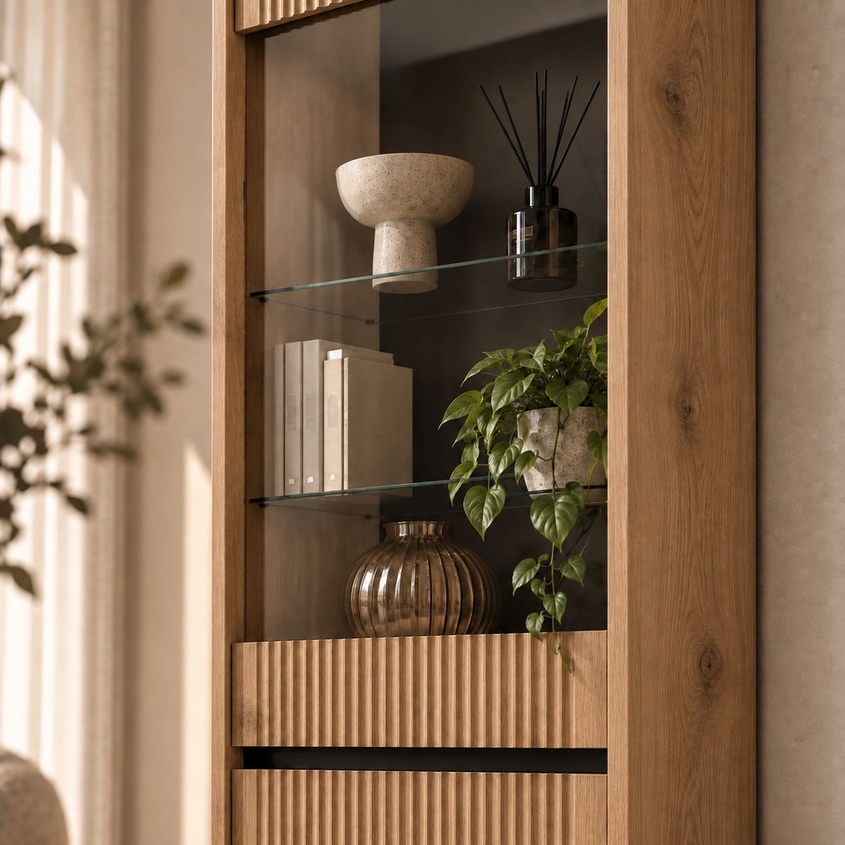 Witryna OSAKA 56cm Dąb Evoke – Ryflowana z Przeszkleniem