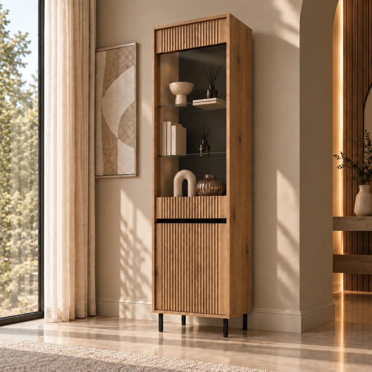 Witryna OSAKA 56cm Dąb Evoke – Ryflowana z Przeszkleniem Milo Furniture