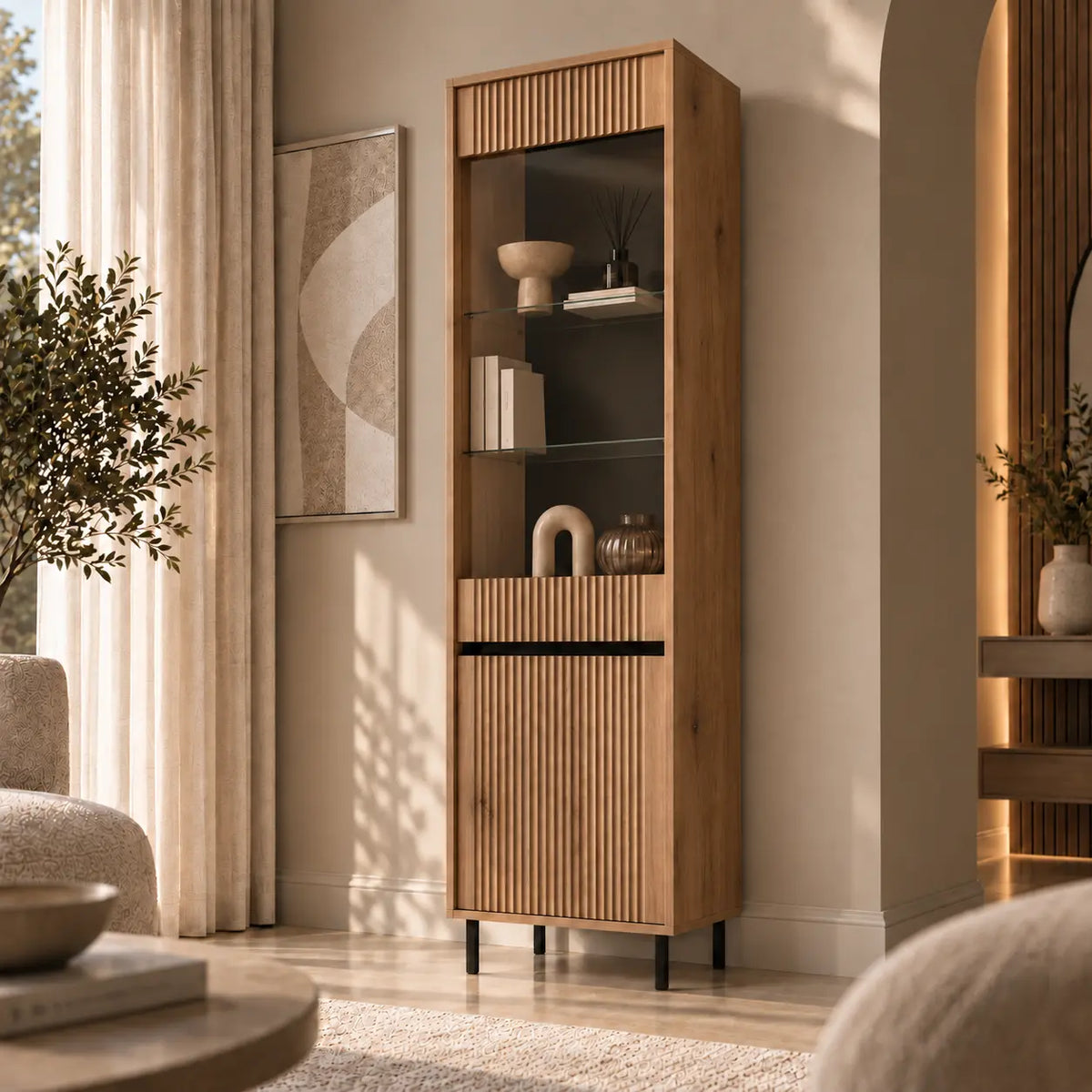 Witryna OSAKA 56cm Dąb Evoke – Ryflowana z Przeszkleniem Milo Furniture