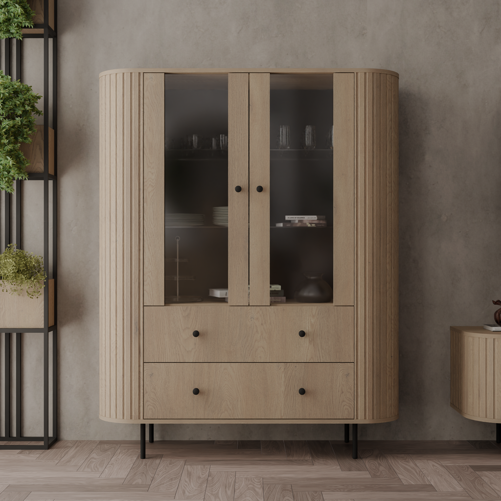 Witryna OVALIO 123cm Dąb Cremona – Ryflowana z Przeszkleniem i Szufladami