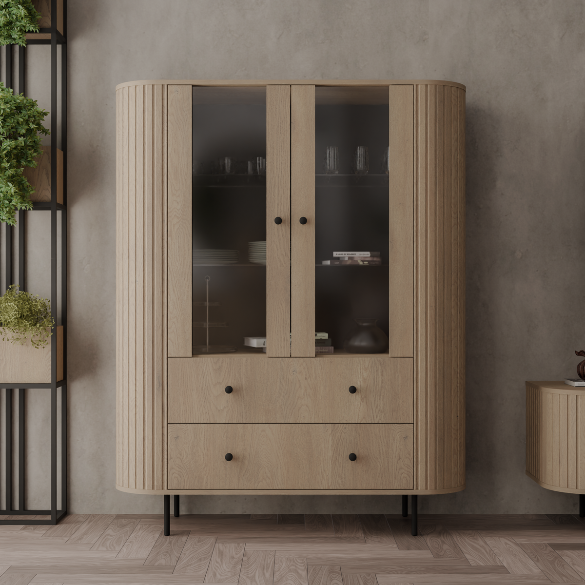 Witryna OVALIO 123cm Dąb Cremona – Ryflowana z Przeszkleniem i Szufladami