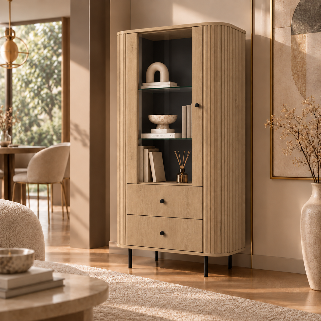 Witryna OVALIO 97cm Dąb Cremona – Ryflowana z Przeszkleniem