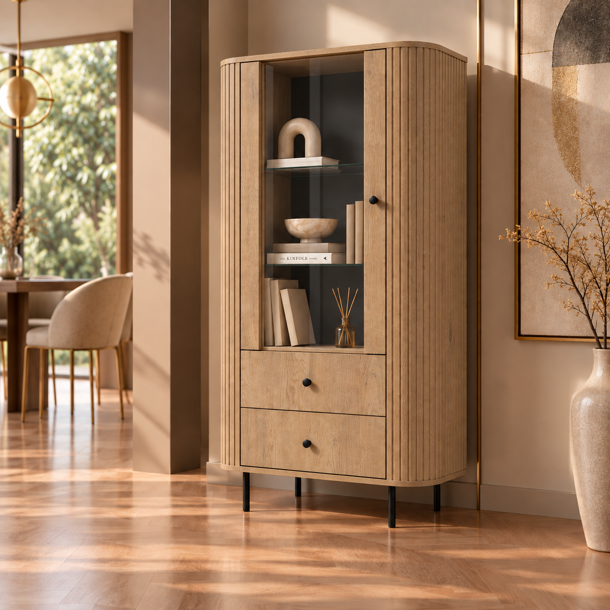 Witryna OVALIO 97cm Dąb Cremona – Ryflowana z Przeszkleniem