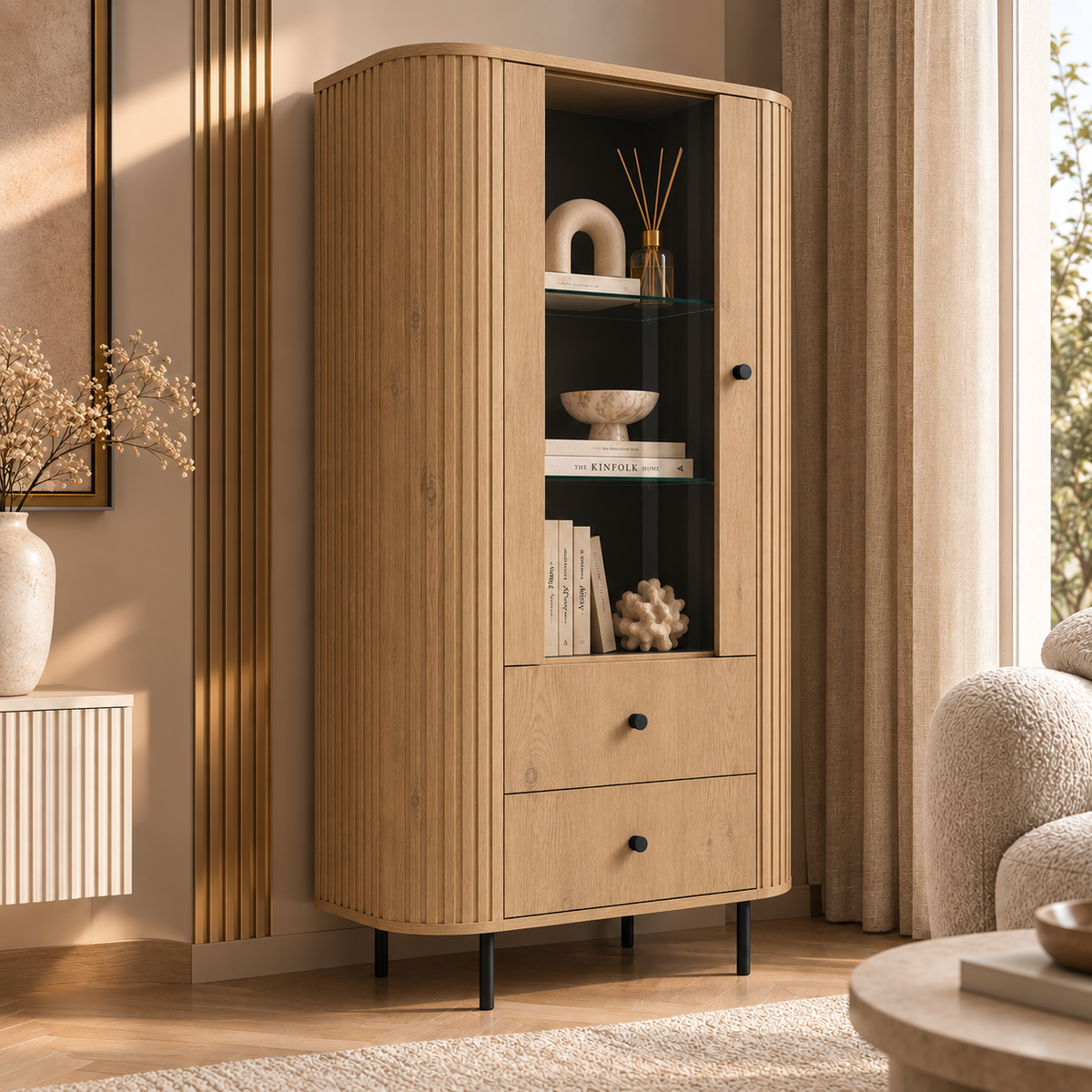 Witryna OVALIO 97cm Dąb Cremona – Ryflowana z Przeszkleniem