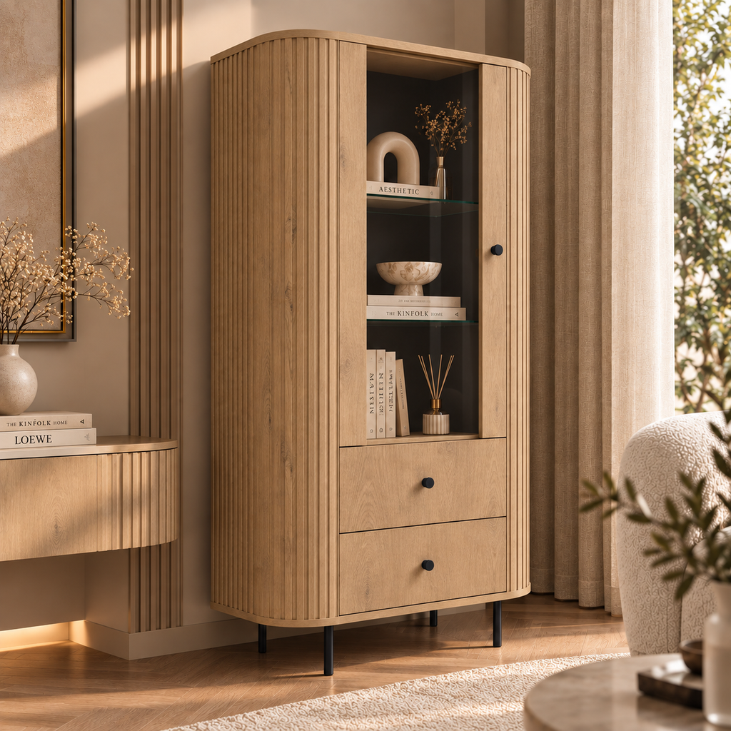 Witryna OVALIO 97cm Dąb Cremona – Ryflowana z Przeszkleniem