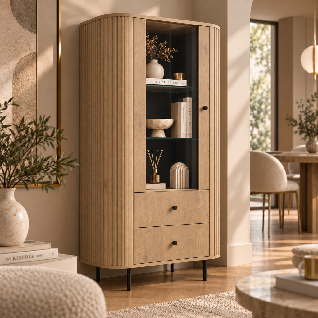 Witryna OVALIO 97cm Dąb Cremona – Ryflowana z Przeszkleniem