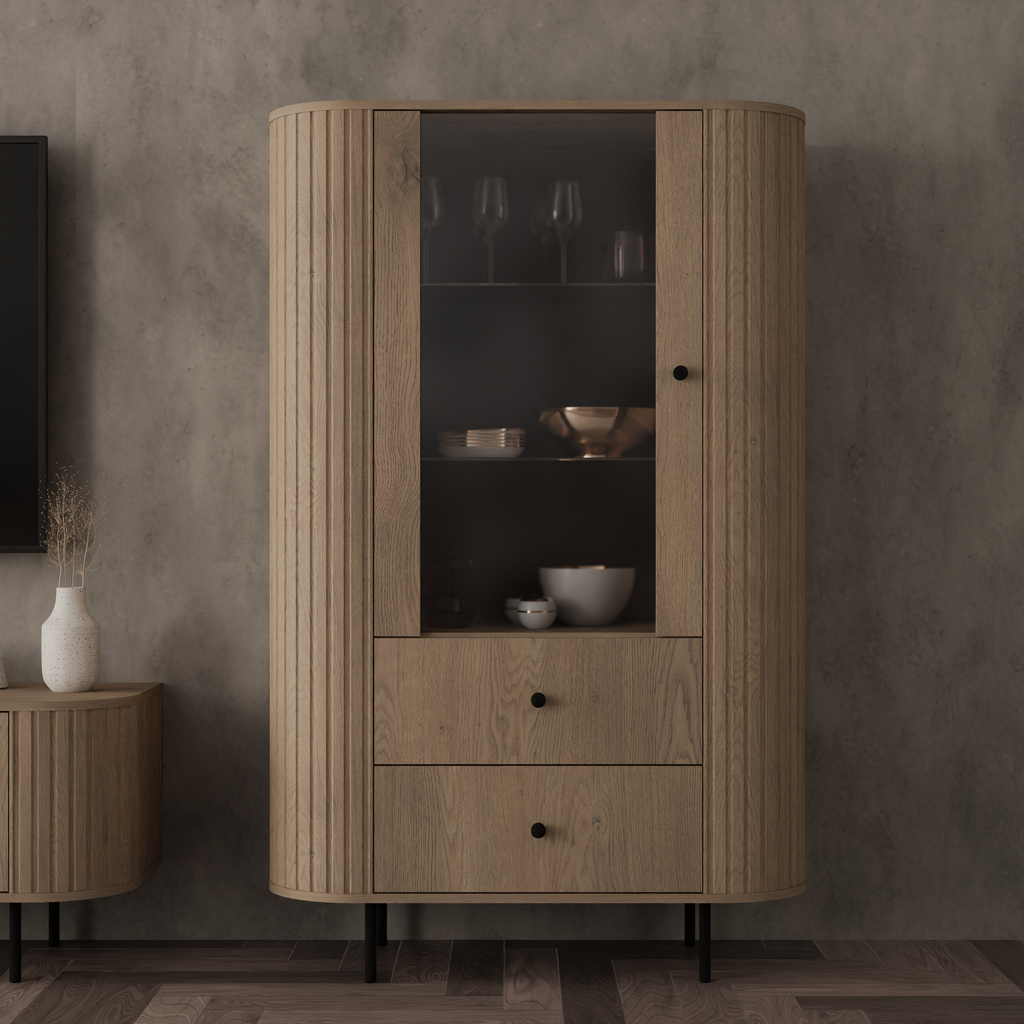 Witryna OVALIO 97cm Dąb Cremona – Ryflowana z Przeszkleniem